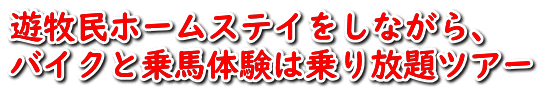 遊牧民ホームステイをしながら、 バイクと乗馬体験は乗り放題ツアー